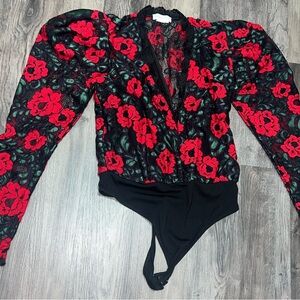 Lovers + Friends Black and Red Wrap Fitted Bodysuit